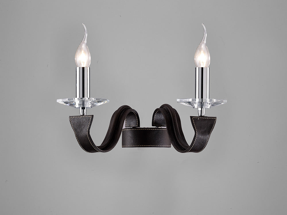 Diyas Nardini 2 Light Wall Light in Polished Chrome with Dark Brown Faux Leather and Crystal
