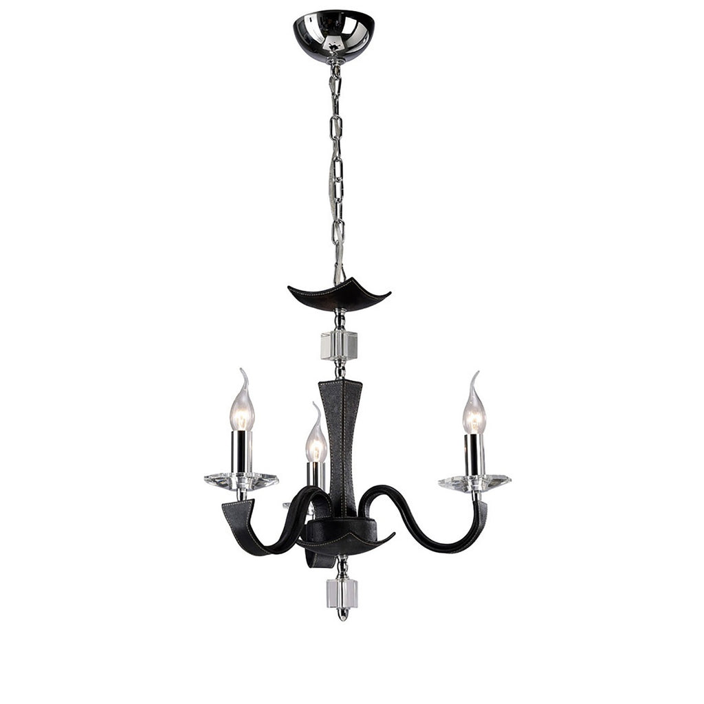 Diyas Nardini 3 Light Pendant Light in Polished Chrome with Black Faux Leather and Crystal