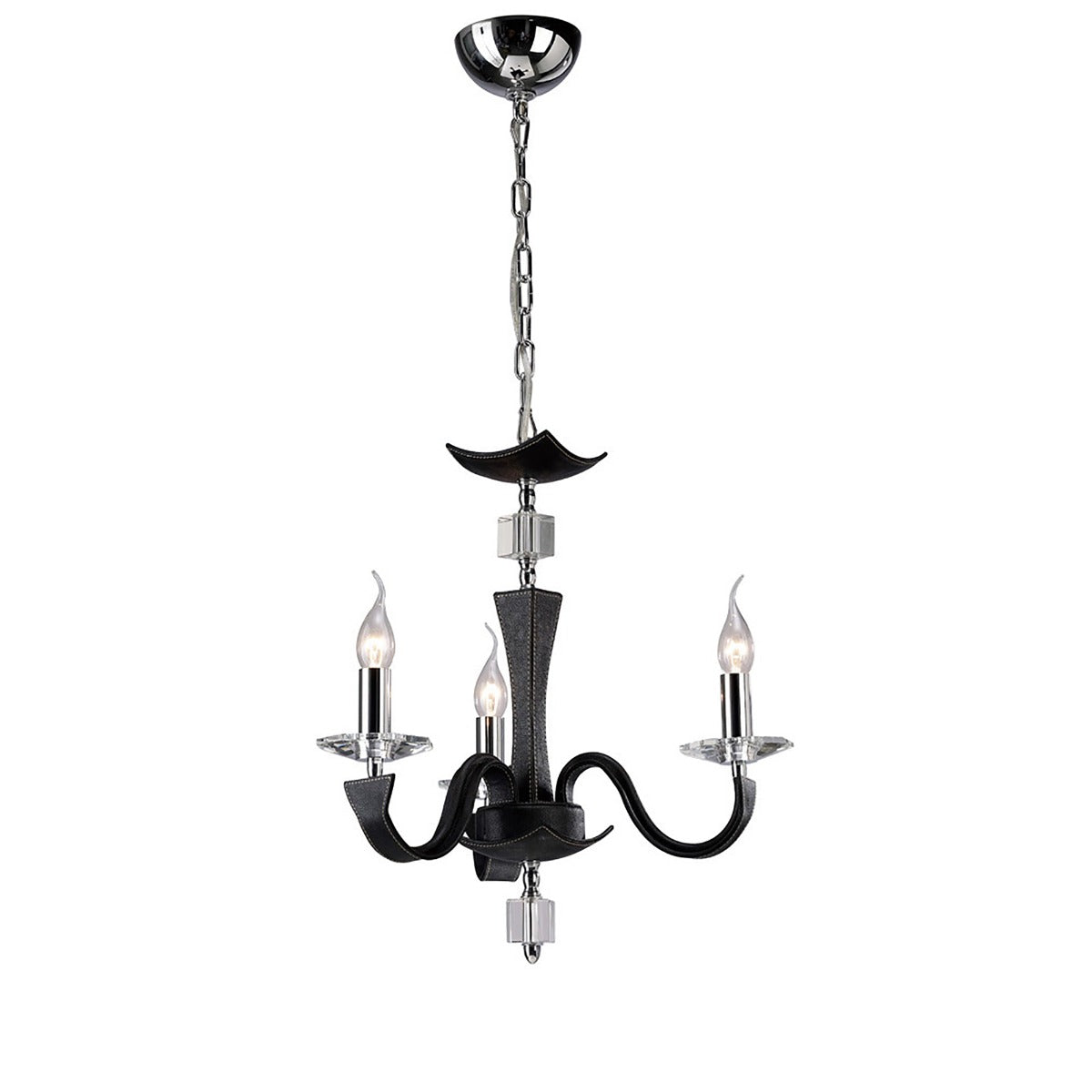 Diyas Nardini 3 Light Pendant Light in Polished Chrome with Black Faux Leather and Crystal