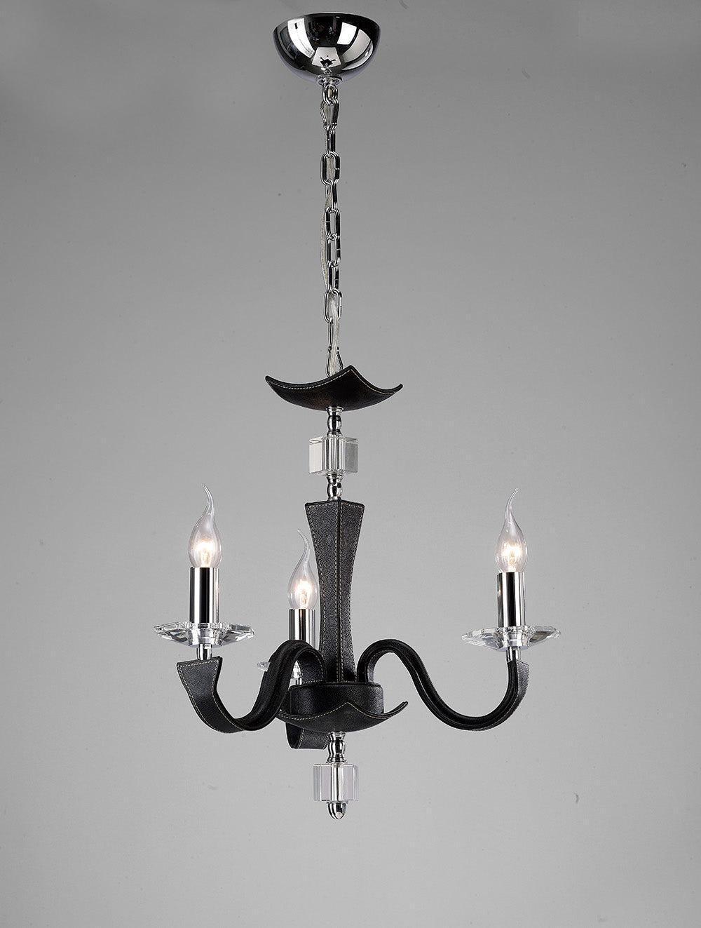 Diyas Nardini 3 Light Pendant Light in Polished Chrome with Black Faux Leather and Crystal