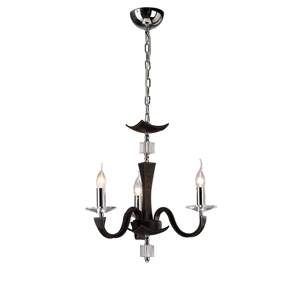 Diyas Nardini 3 Light Pendant Light in Polished Chrome with Dark Brown Faux Leather and Crystal