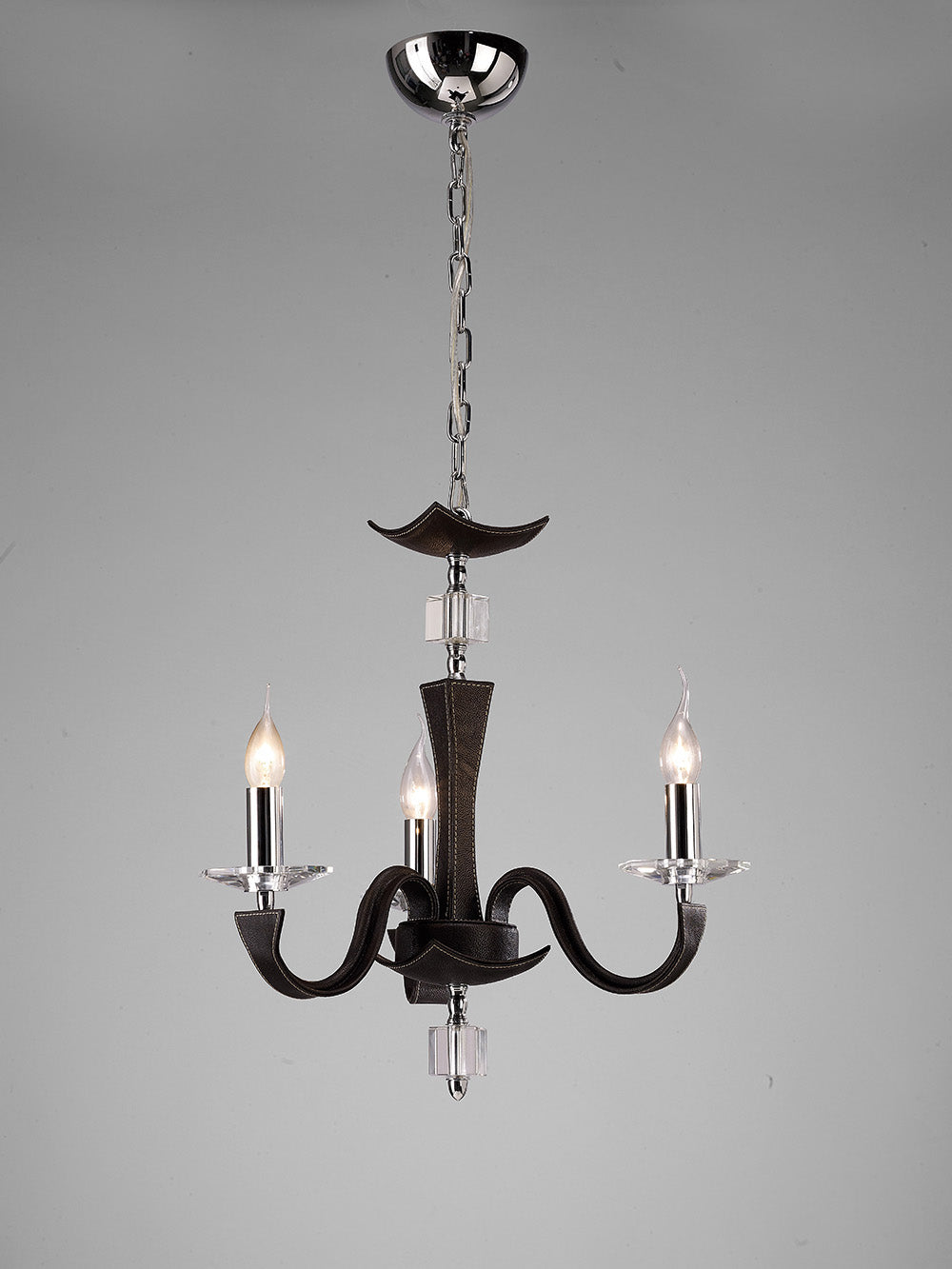 Diyas Nardini 3 Light Pendant Light in Polished Chrome with Dark Brown Faux Leather and Crystal