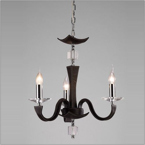 Diyas Nardini 3 Light Pendant Light in Polished Chrome with Dark Brown Faux Leather and Crystal