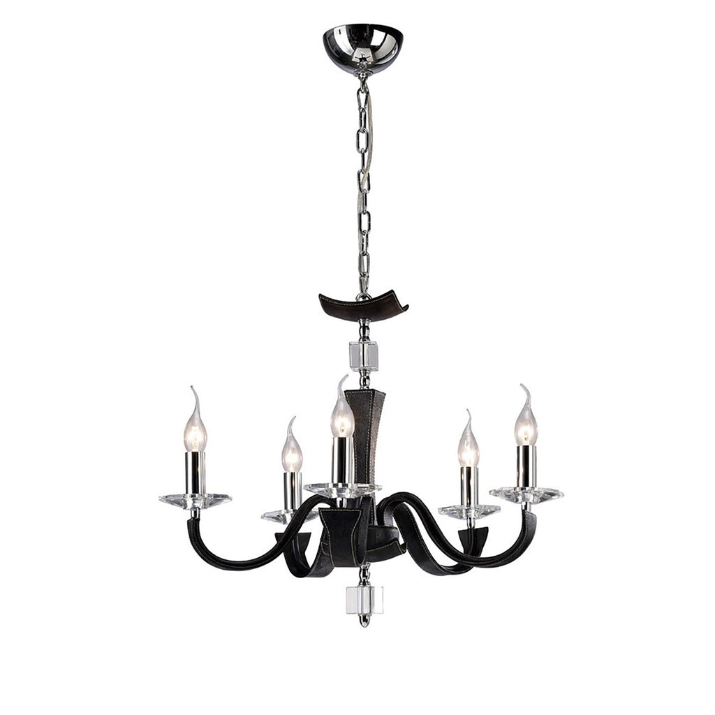 Diyas Nardini 5 Light Pendant Light in Polished Chrome with Black Faux Leather and Crystal