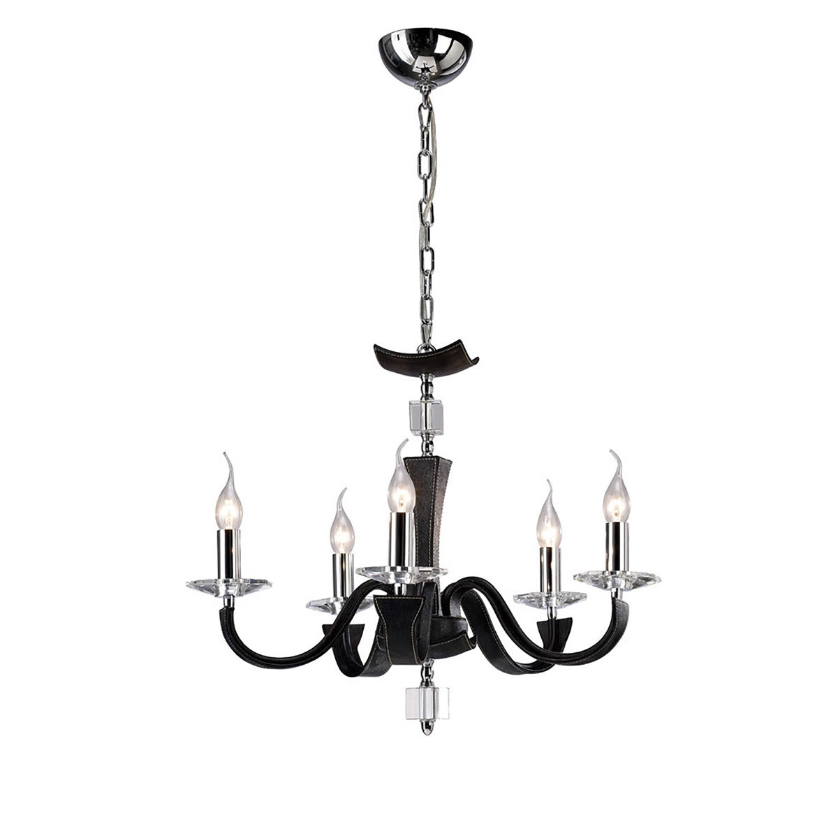 Diyas Nardini 5 Light Pendant Light in Polished Chrome with Black Faux Leather and Crystal
