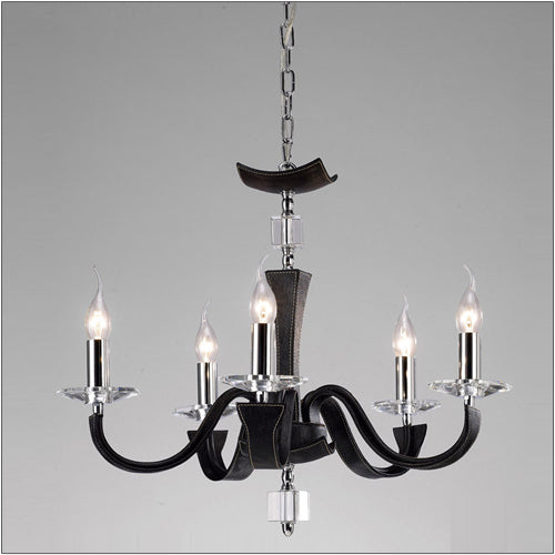 Diyas Nardini 5 Light Pendant Light in Polished Chrome with Black Faux Leather and Crystal