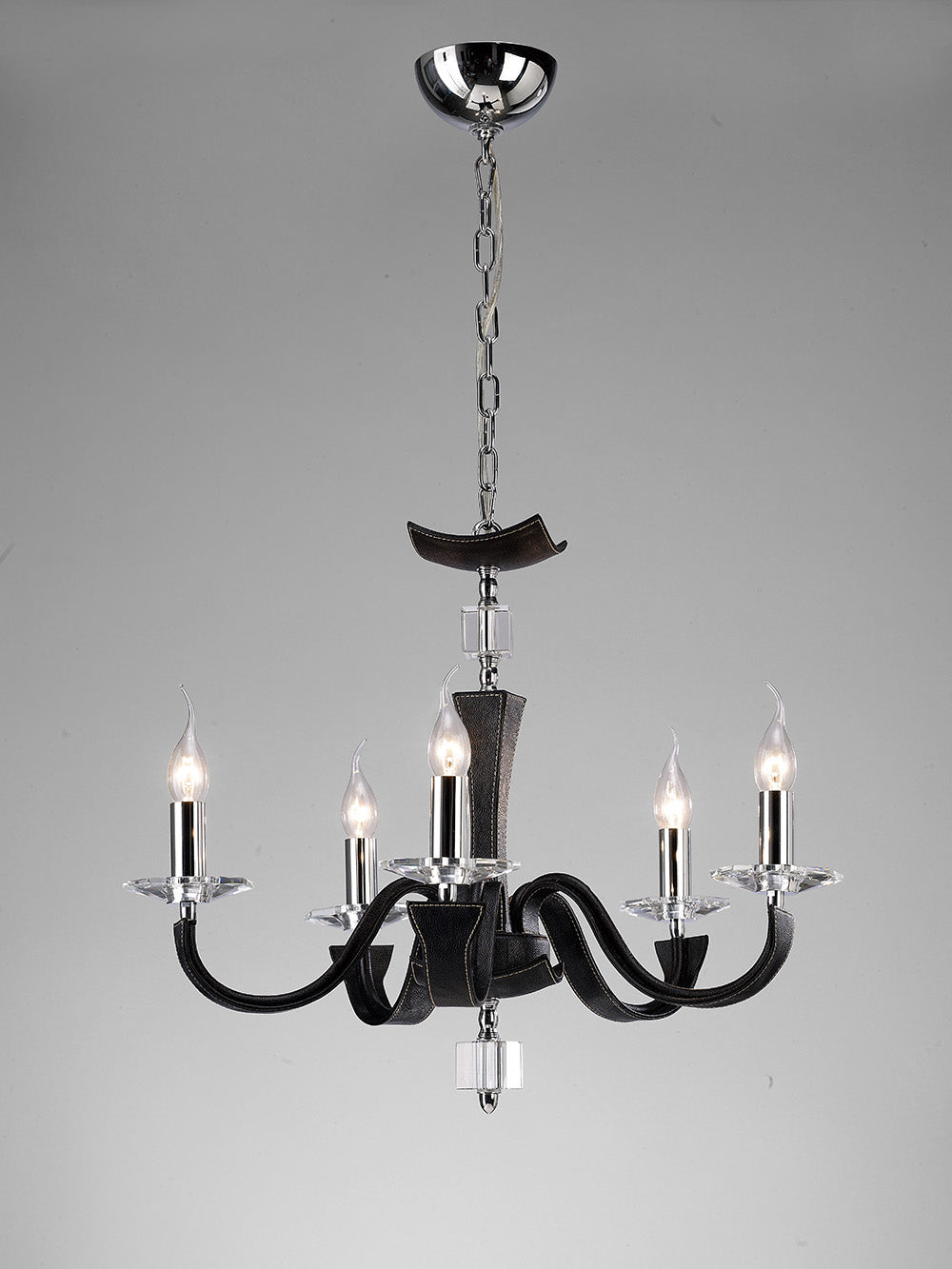 Diyas Nardini 5 Light Pendant Light in Polished Chrome with Black Faux Leather and Crystal