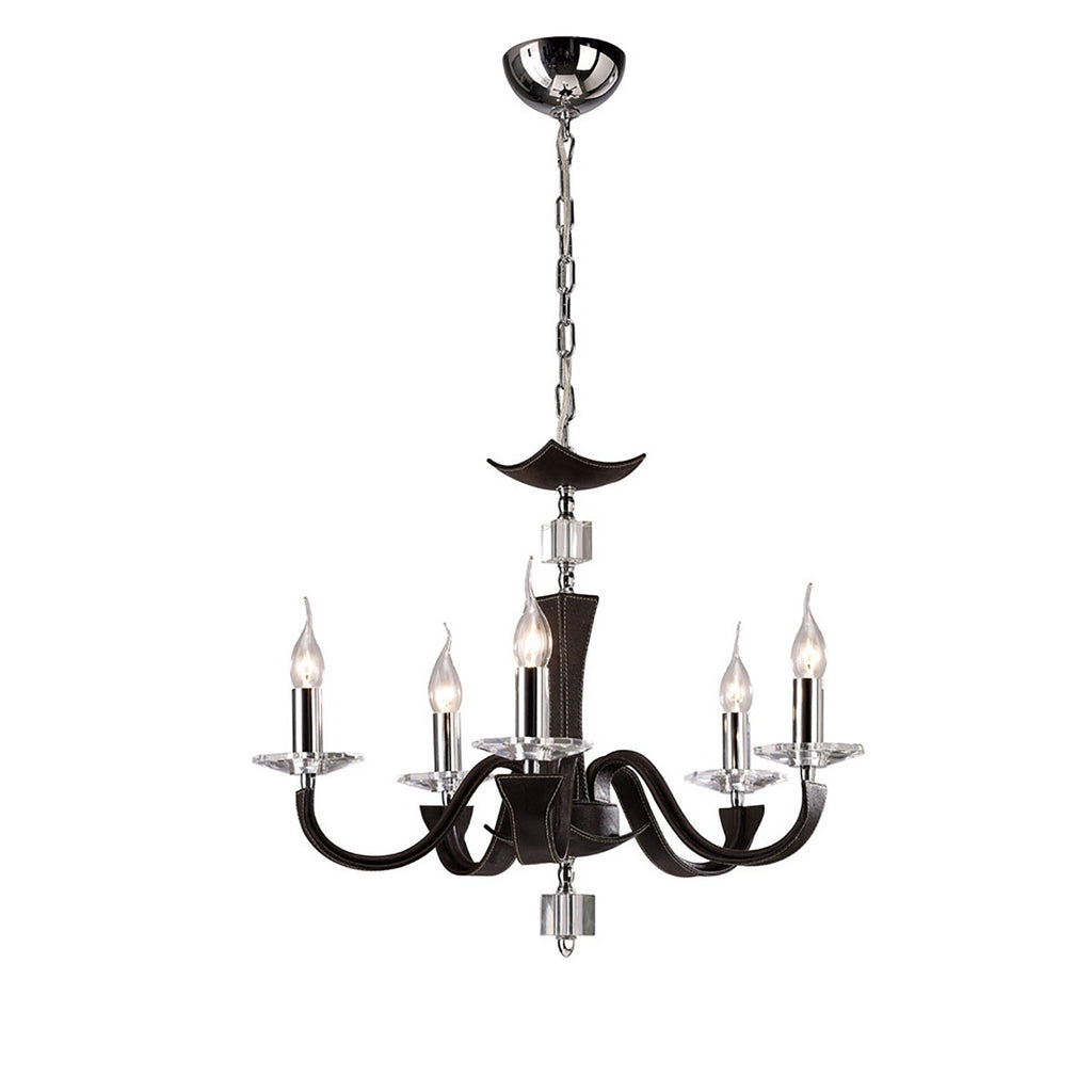 Diyas Nardini 5 Light Pendant Light in Polished Chrome with Dark Brown Faux Leather and Crystal