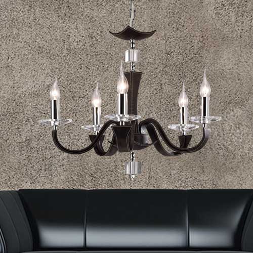 Diyas Nardini 5 Light Pendant Light in Polished Chrome with Dark Brown Faux Leather and Crystal