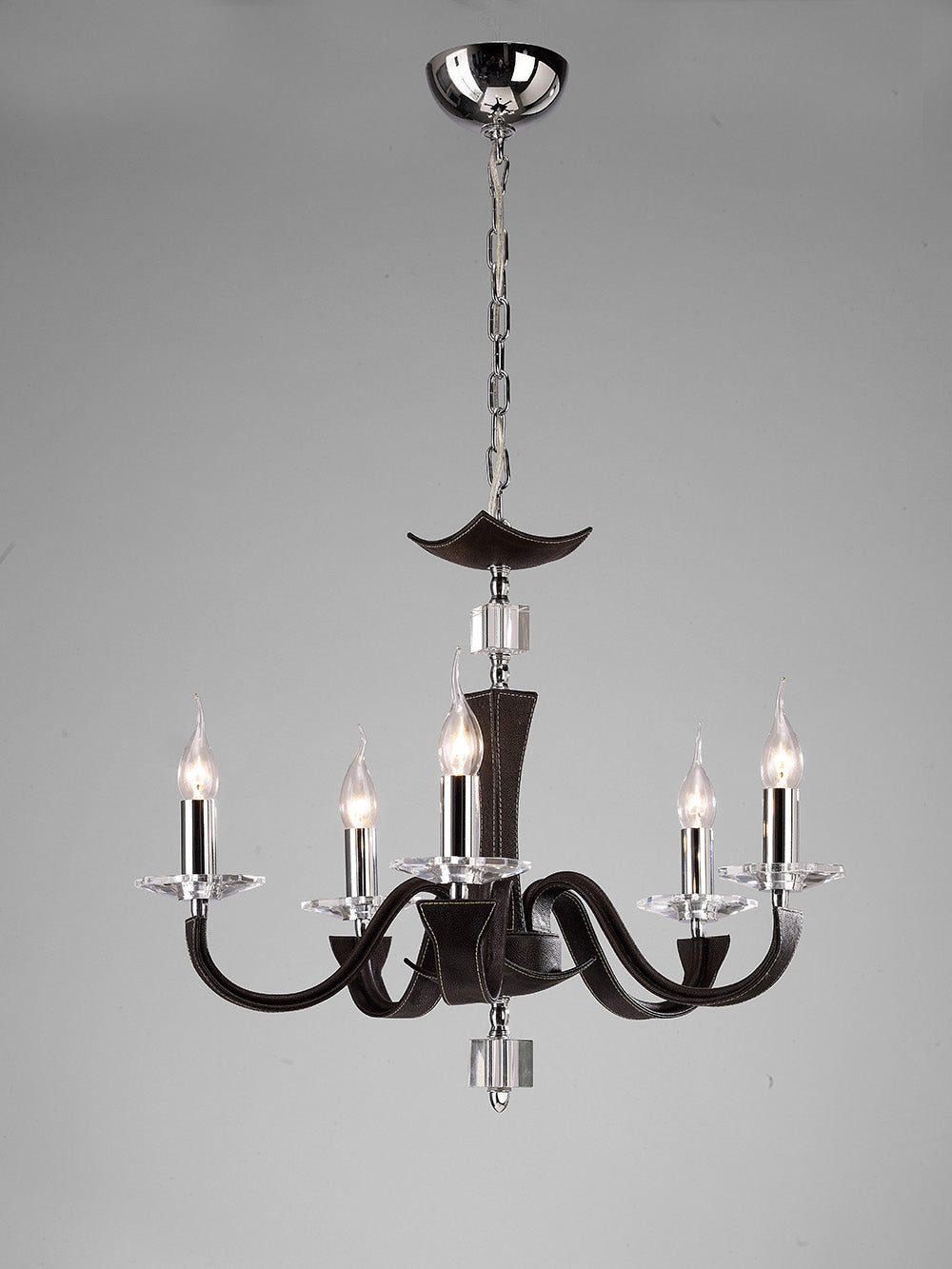 Diyas Nardini 5 Light Pendant Light in Polished Chrome with Dark Brown Faux Leather and Crystal
