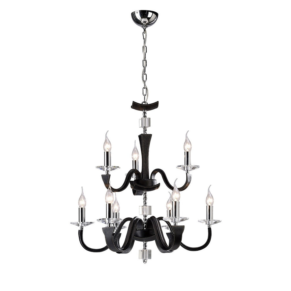 Diyas Nardini 9 Light 2 Tier Pendant Light in Polished Chrome with Black Faux Leather and Crystal