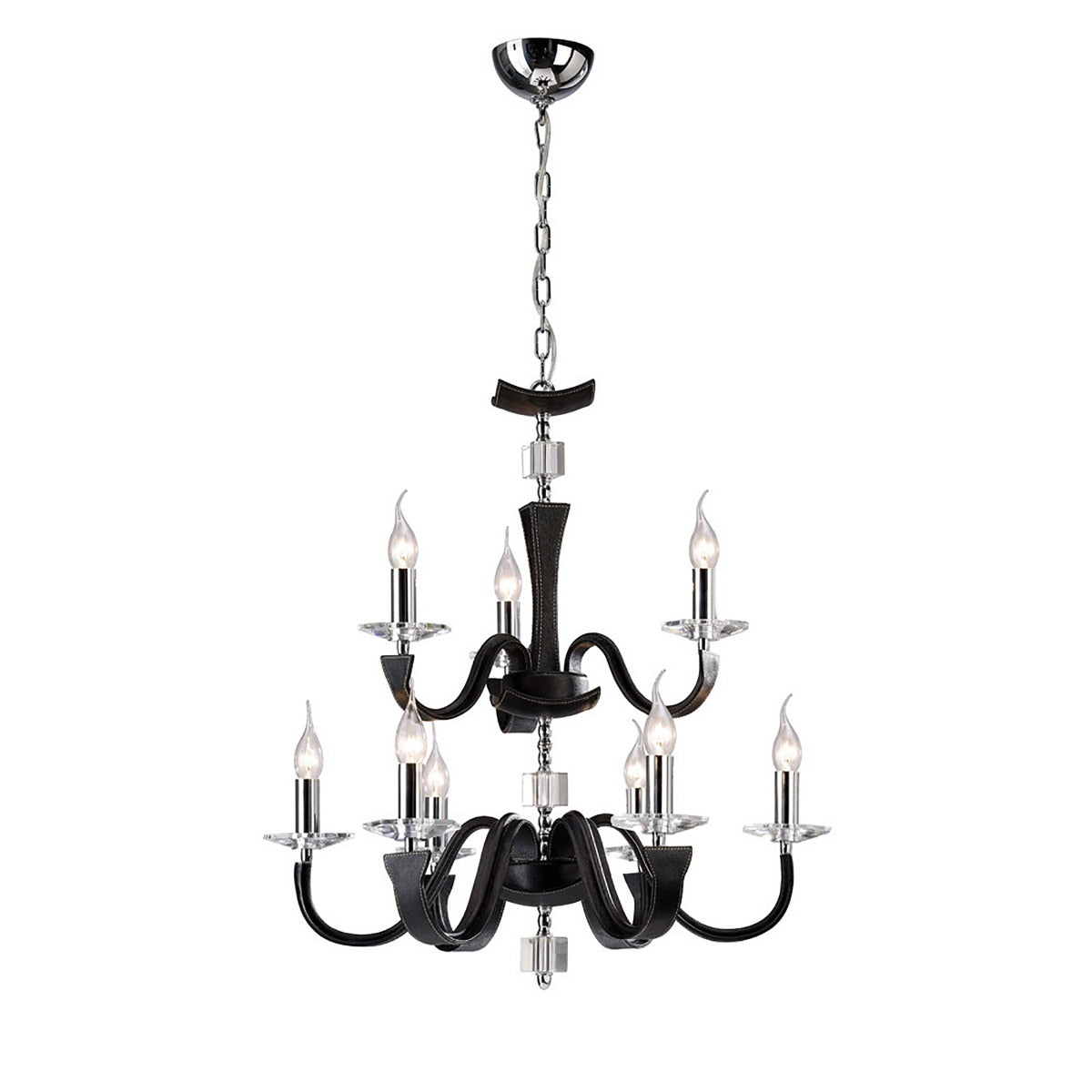 Diyas Nardini 9 Light 2 Tier Pendant Light in Polished Chrome with Black Faux Leather and Crystal