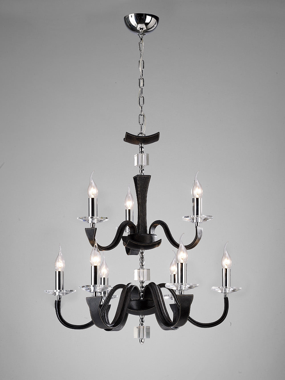 Diyas Nardini 9 Light 2 Tier Pendant Light in Polished Chrome with Black Faux Leather and Crystal