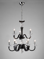 Diyas Nardini 9 Light 2 Tier Pendant Light in Polished Chrome with Black Faux Leather and Crystal