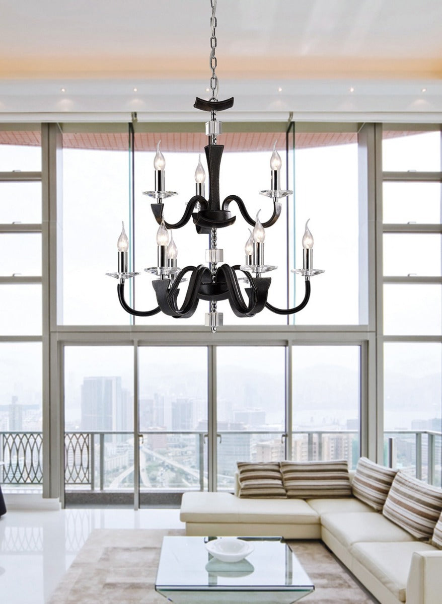 Diyas Nardini 9 Light 2 Tier Pendant Light in Polished Chrome with Black Faux Leather and Crystal