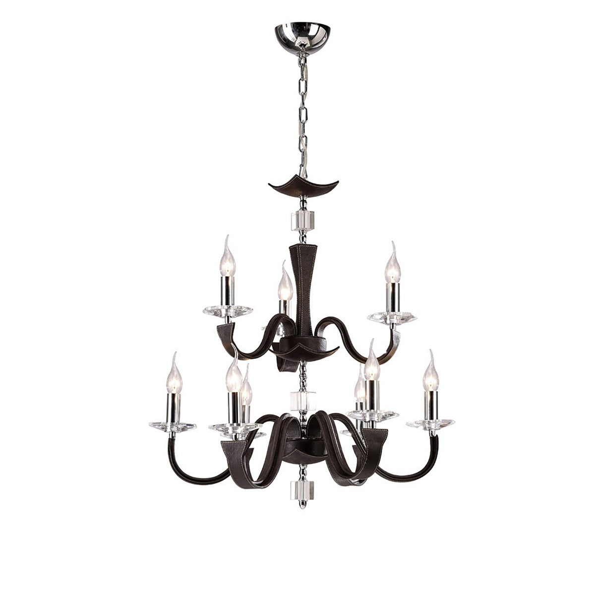 Diyas Nardini 9 Light 2 Tier Pendant Light in Polished Chrome with Dark Brown Faux Leather and Crystal