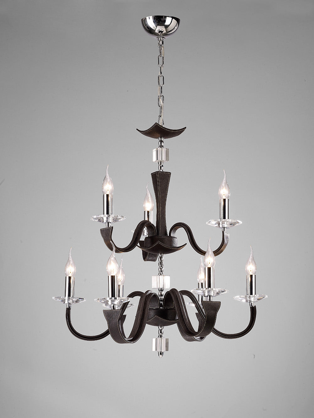 Diyas Nardini 9 Light 2 Tier Pendant Light in Polished Chrome with Dark Brown Faux Leather and Crystal