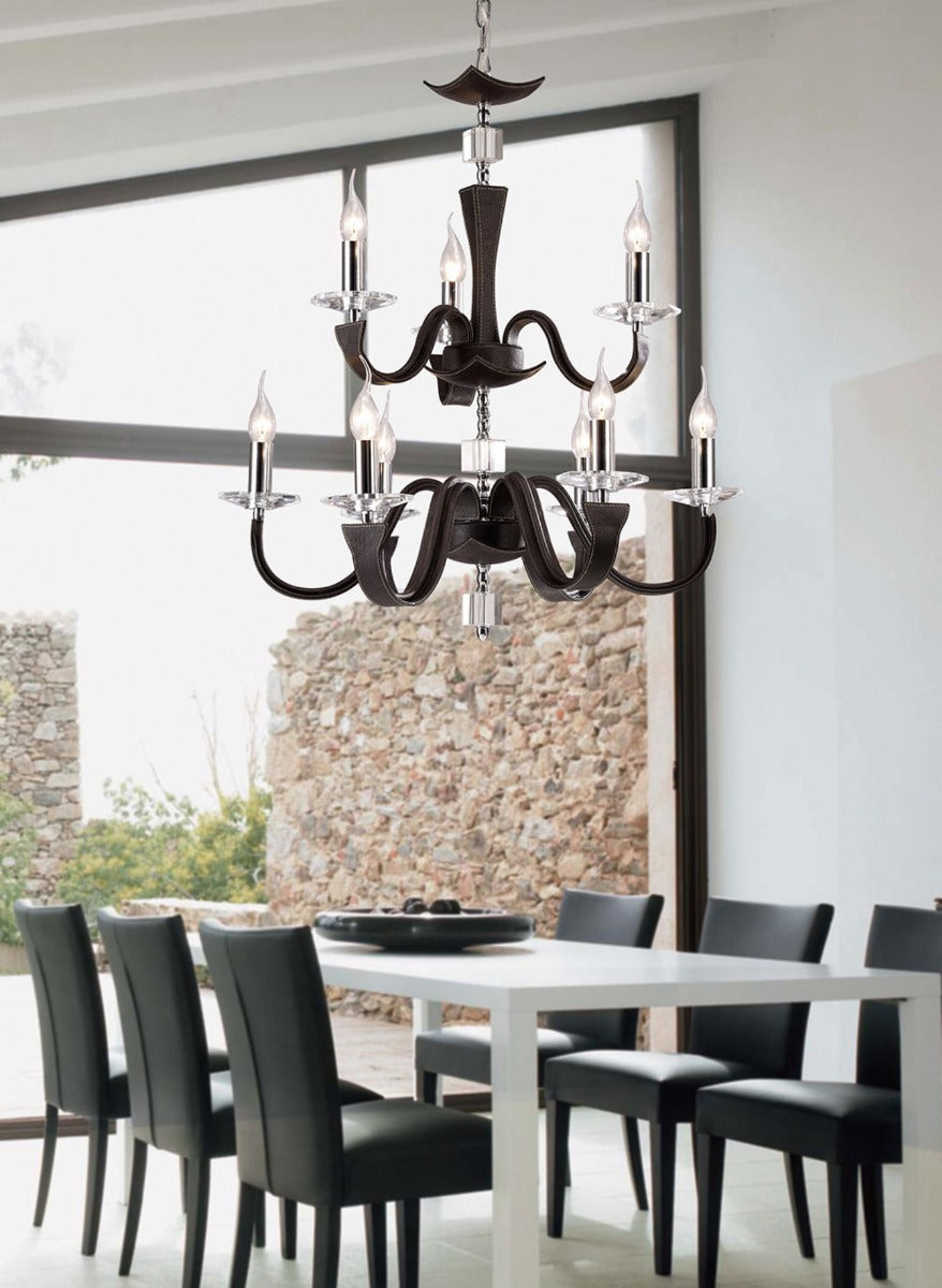 Diyas Nardini 9 Light 2 Tier Pendant Light in Polished Chrome with Dark Brown Faux Leather and Crystal