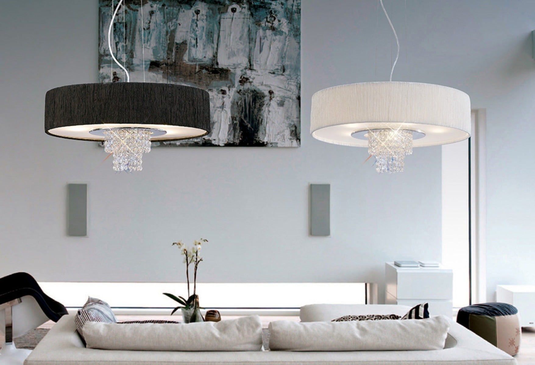 Diyas Nerissa 6 Light Pendant Light in Polished Chrome with Crystal and Black Shade