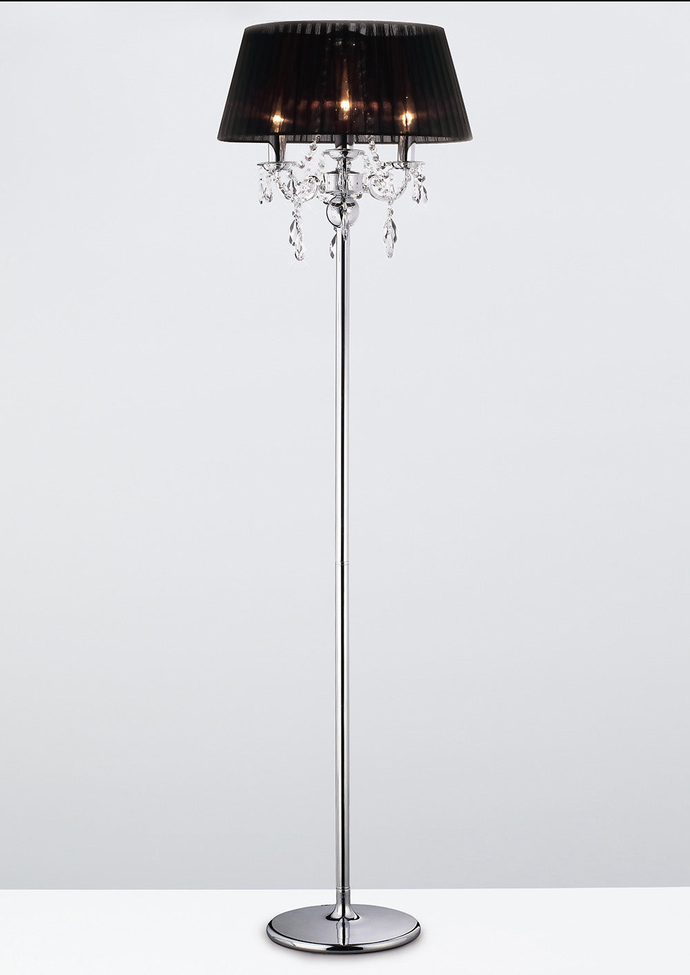 Diyas Olivia 3 Light Floor Lamp in Polished Chrome with Crystal and Black Shade