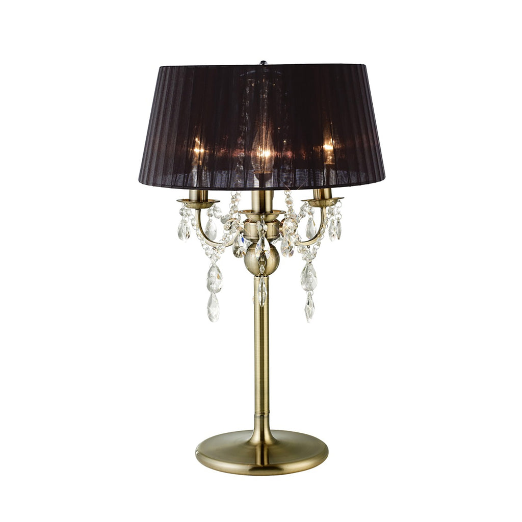 Diyas Olivia 3 Light Table Lamp in Antique Brass with Crystal and Black Shade