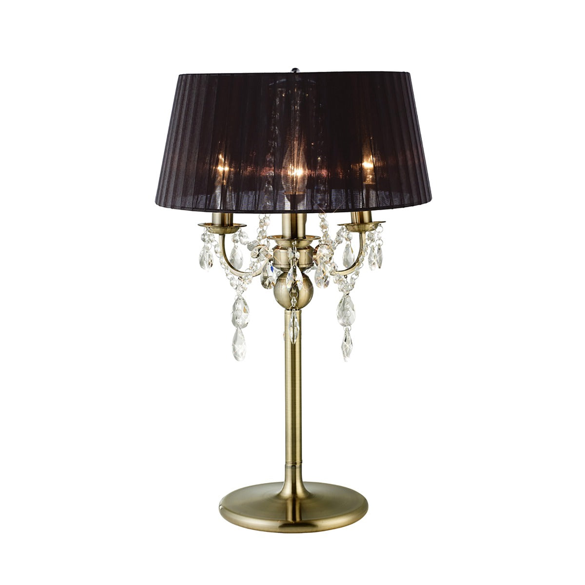 Diyas Olivia 3 Light Table Lamp in Antique Brass with Crystal and Black Shade