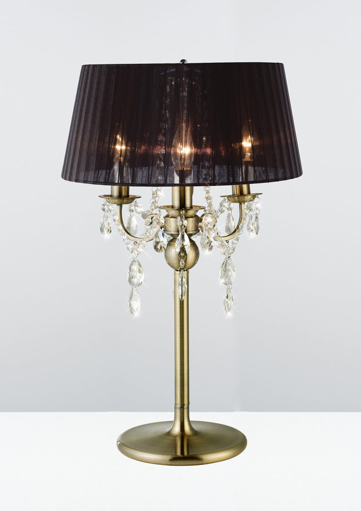 Diyas Olivia 3 Light Table Lamp in Antique Brass with Crystal and Black Shade