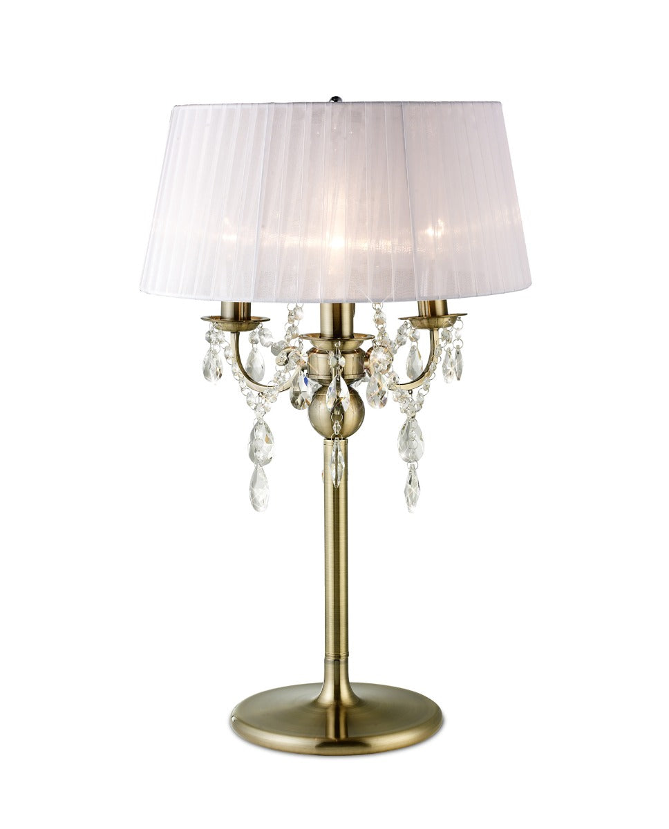 Diyas Olivia 3 Light Table Lamp in Antique Brass with Crystal and White Shade