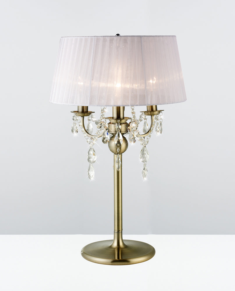 Diyas Olivia 3 Light Table Lamp in Antique Brass with Crystal and White Shade