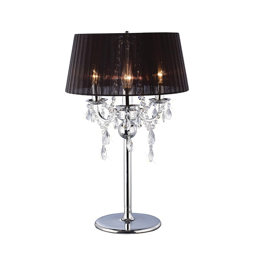 Diyas Olivia 3 Light Table Lamp in Polished Chrome with Crystal and Black Shade