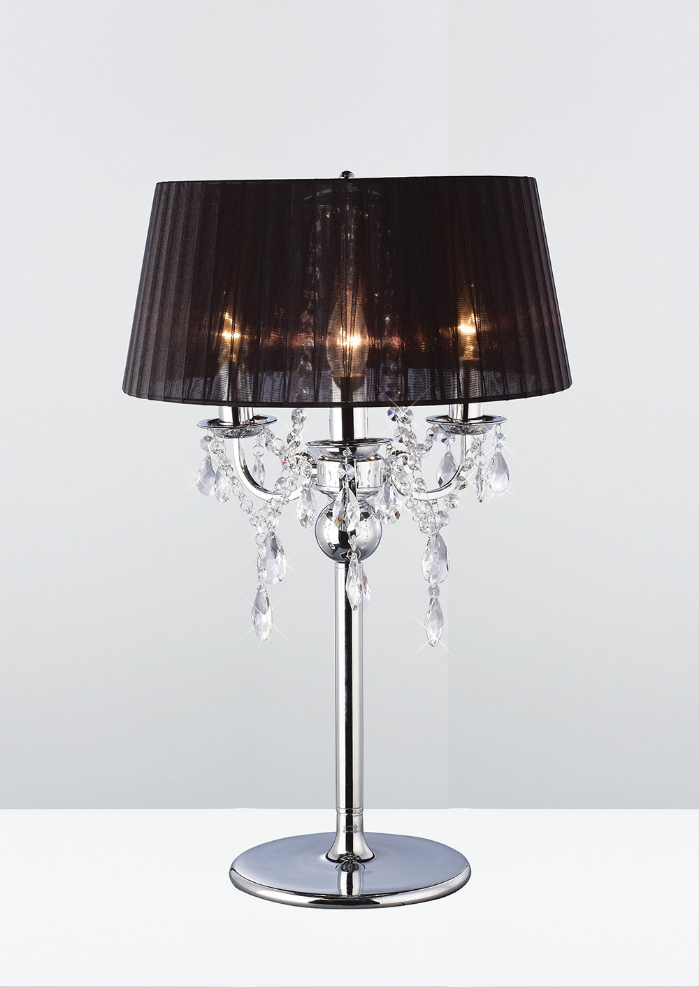 Diyas Olivia 3 Light Table Lamp in Polished Chrome with Crystal and Black Shade