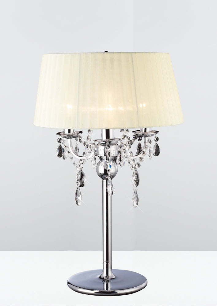 Diyas Olivia 3 Light Table Lamp in Polished Chrome with Crystal and Ivory Cream Shade