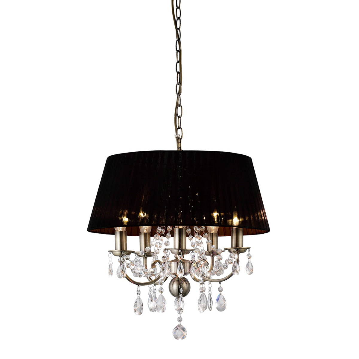 Diyas Olivia 5 Light Pendant Light in Antique Brass with Crystal and Black Shade