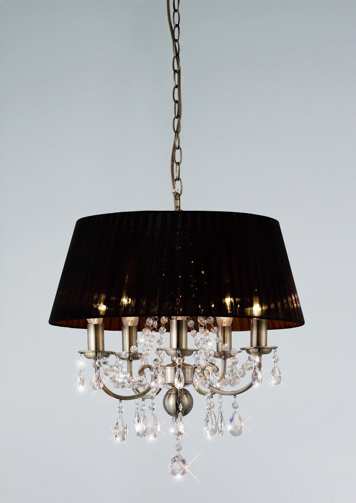 Diyas Olivia 5 Light Pendant Light in Antique Brass with Crystal and Black Shade
