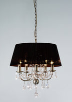 Diyas Olivia 5 Light Pendant Light in Antique Brass with Crystal and Black Shade