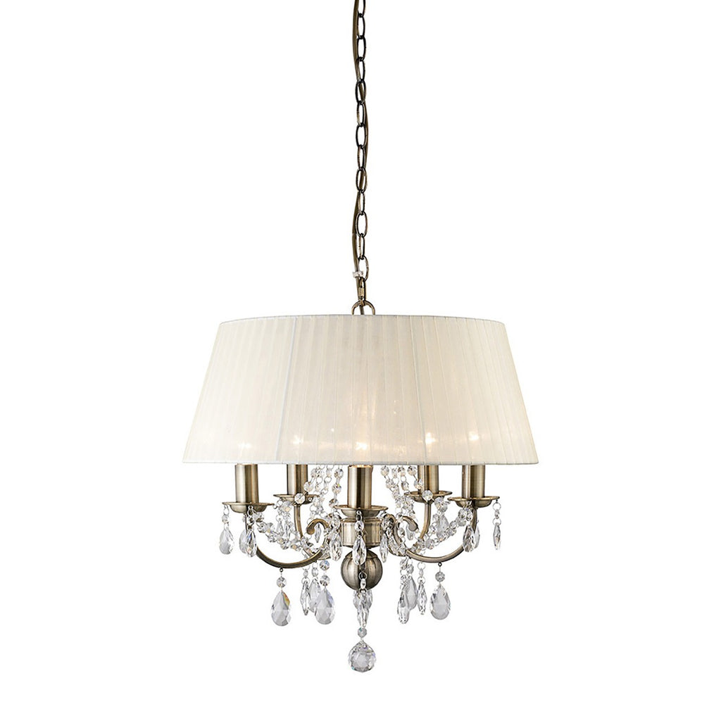 Diyas Olivia 5 Light Pendant Light in Antique Brass with Crystal and Ivory Cream Shade