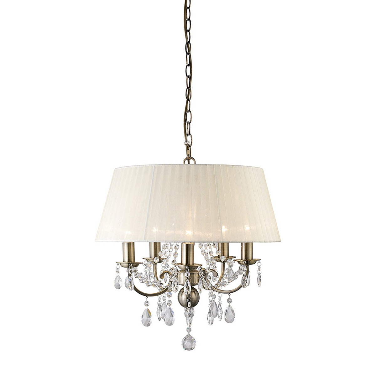 Diyas Olivia 5 Light Pendant Light in Antique Brass with Crystal and Ivory Cream Shade