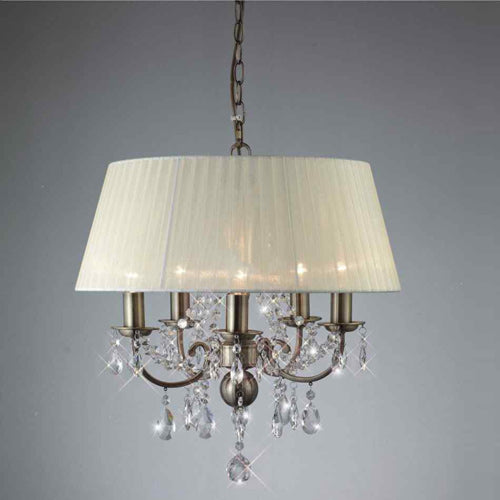 Diyas Olivia 5 Light Pendant Light in Antique Brass with Crystal and Soft Bronze Shade