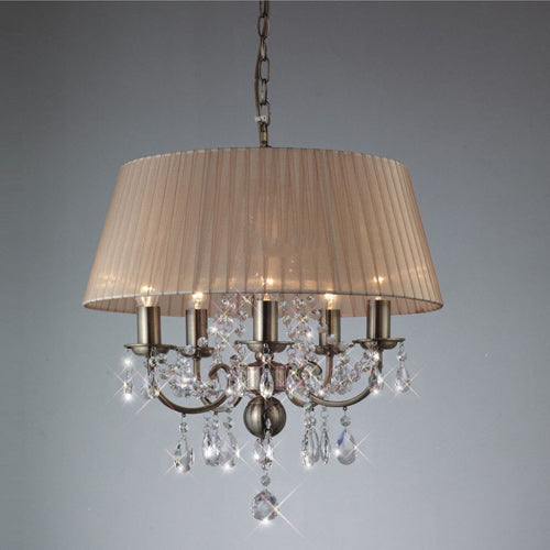 Diyas Olivia 5 Light Pendant Light in Antique Brass with Crystal and Soft Bronze Shade