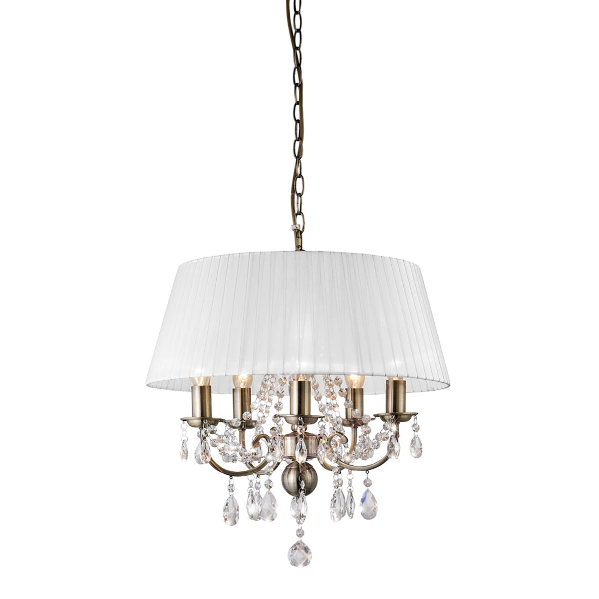 Diyas Olivia 5 Light Pendant Light in Antique Brass with Crystal and White Shade