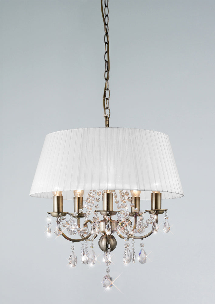 Diyas Olivia 5 Light Pendant Light in Antique Brass with Crystal and White Shade