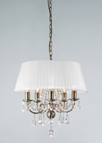 Diyas Olivia 5 Light Pendant Light in Antique Brass with Crystal and White Shade