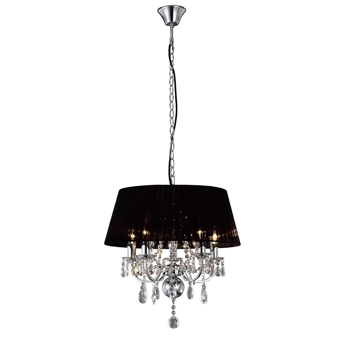 Diyas Olivia 5 Light Pendant Light in Polished Chrome with Crystal and Black Shade