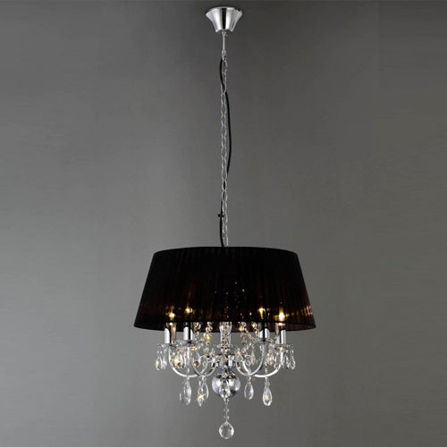 Diyas Olivia 5 Light Pendant Light in Polished Chrome with Crystal and Black Shade