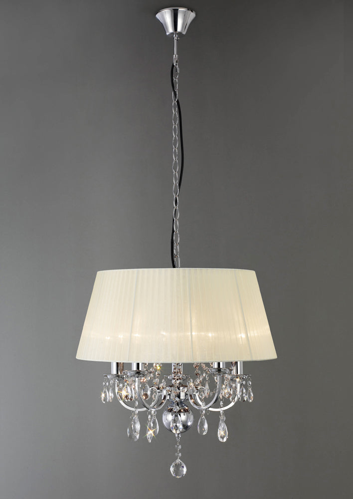 Diyas Olivia 5 Light Pendant Light in Polished Chrome with Crystal and Ivory Cream Shade