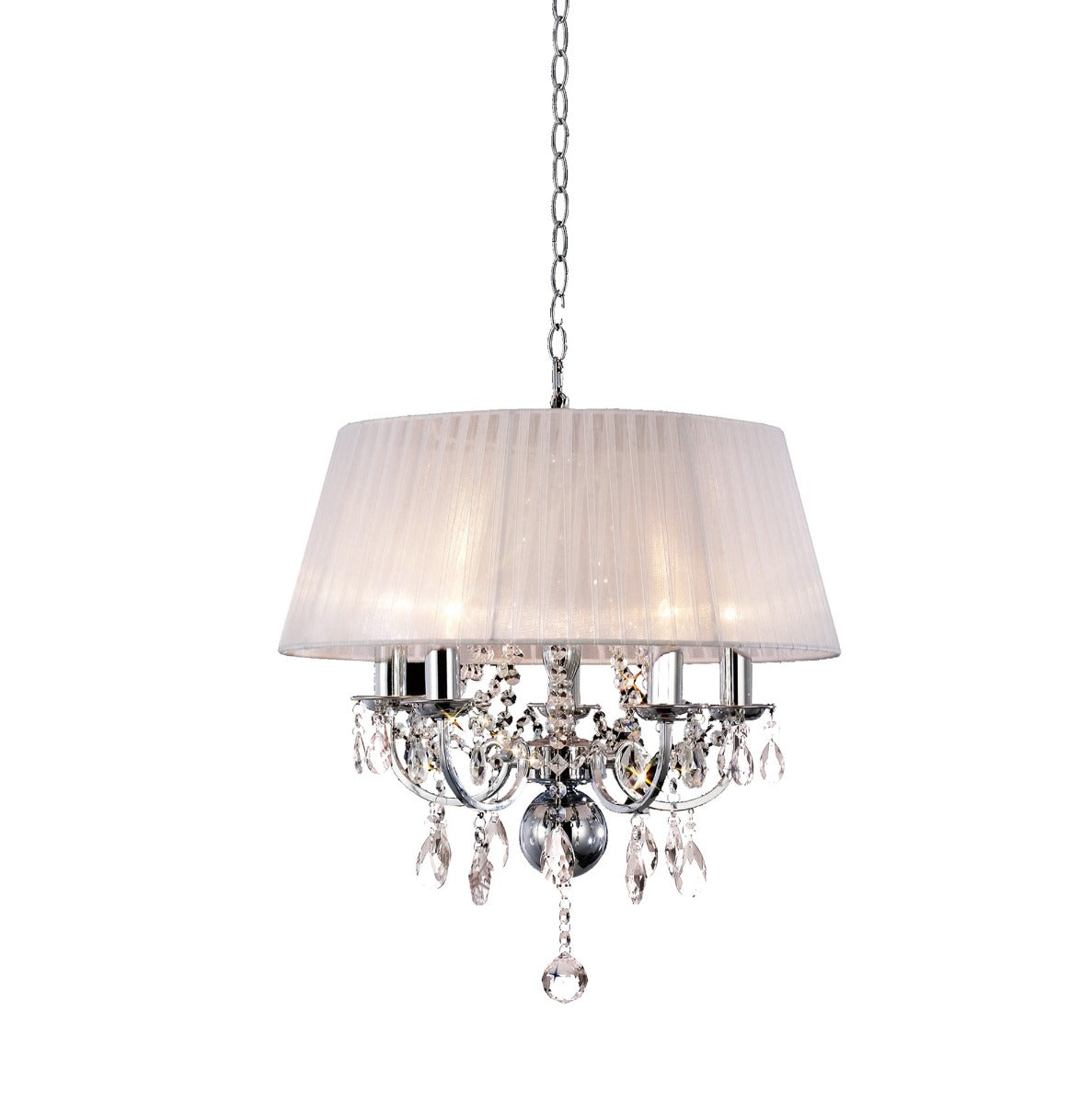 Diyas Olivia 5 Light Pendant Light in Polished Chrome with Crystal and White Shade