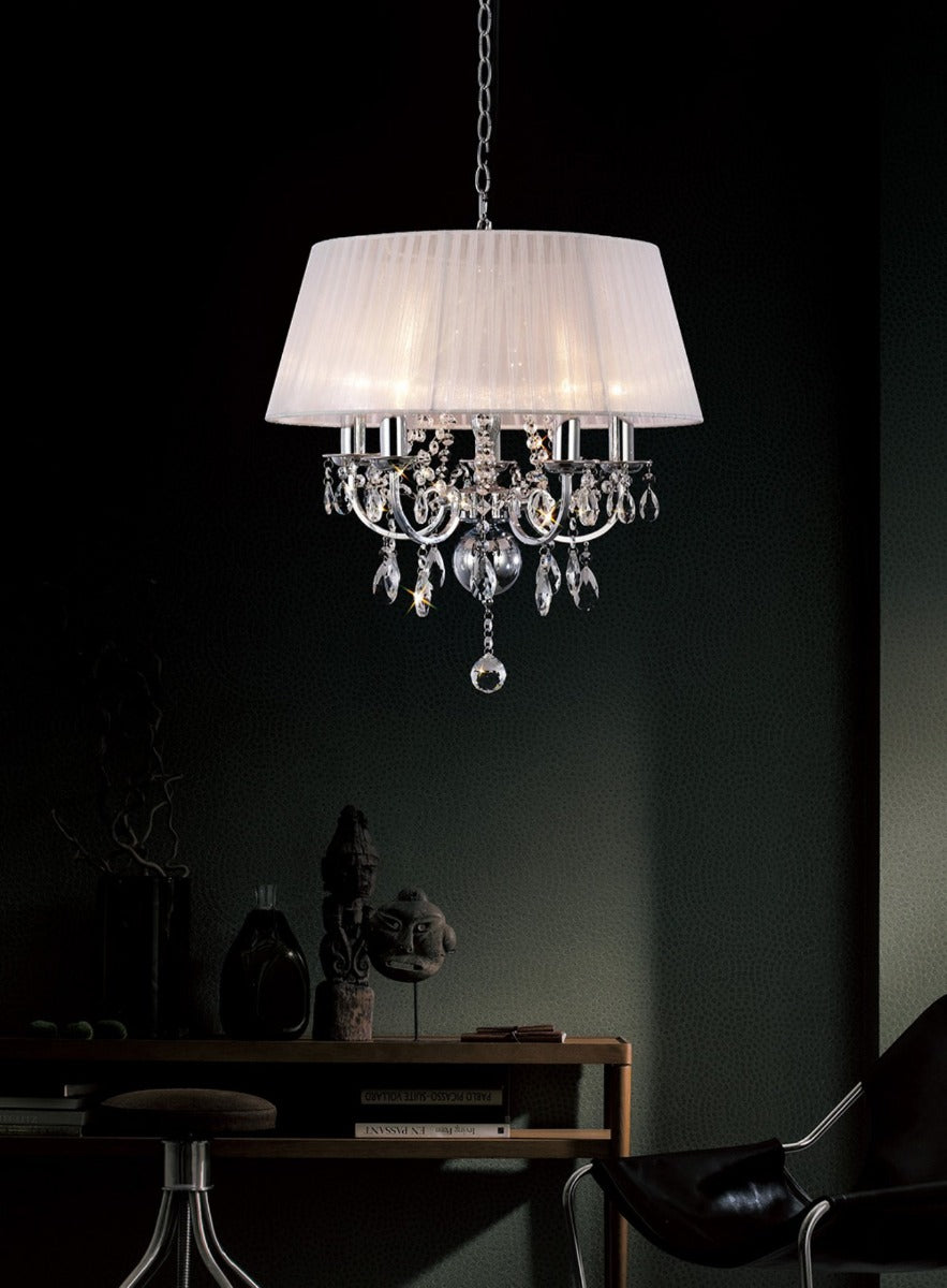Diyas Olivia 5 Light Pendant Light in Polished Chrome with Crystal and White Shade