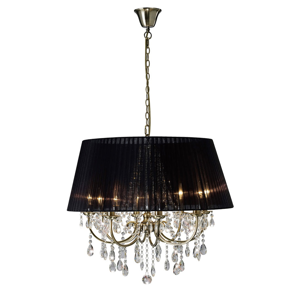 Diyas Olivia 8 Light Pendant Light in Antique Brass with Crystal and Black Shade