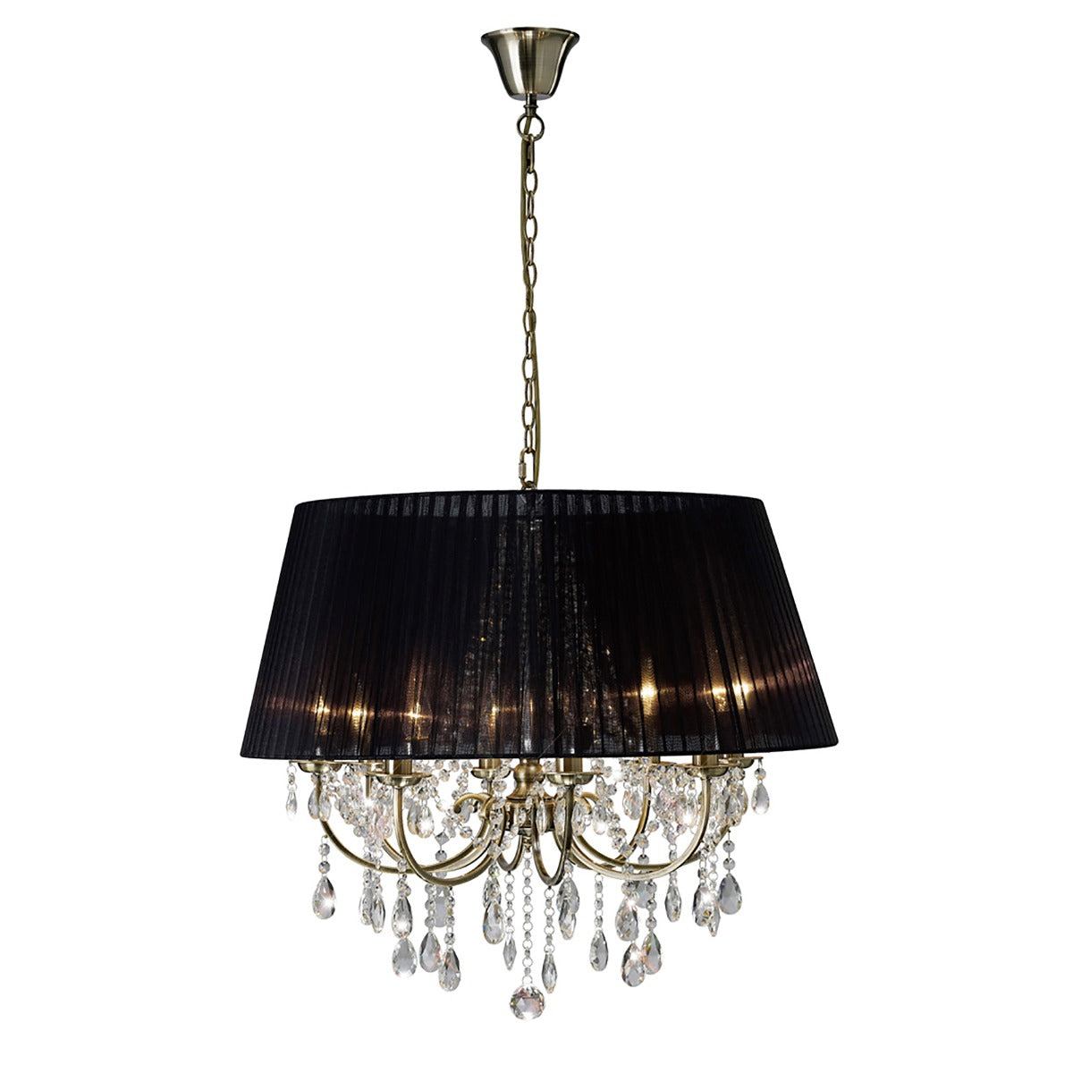 Diyas Olivia 8 Light Pendant Light in Antique Brass with Crystal and Black Shade
