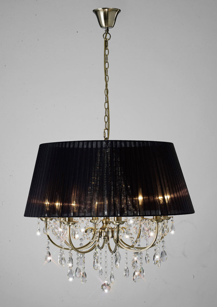 Diyas Olivia 8 Light Pendant Light in Antique Brass with Crystal and Black Shade